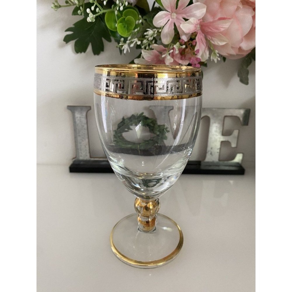 Vintage Retired Italian Handcrafted Water Goblet Grecian Motif 14K Gold‎ Trimmed